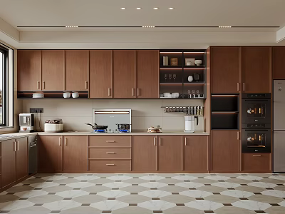Modern Kitchen Interior With Brown Cabinets Appliances Countertop And Geometric Floor Tiles 3d model
