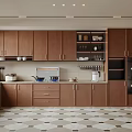 Modern Kitchen Interior With Brown Cabinets Appliances Countertop And Geometric Floor Tiles