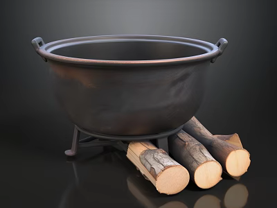 Rustic Iron Cauldron On Metal Stand With Wooden Logs For Traditional Use 3d model