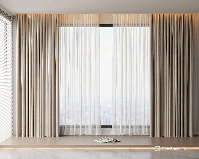 Beige Curtains With White Sheer Panels For Large Window City View Wooden Windowsill And Books 3d model 