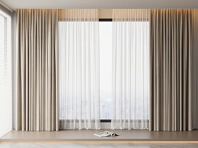 Beige Curtains With White Sheer Panels For Large Window City View Wooden Windowsill And Books 3d model