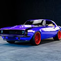 Blue Classic Sports Car With Red Wheels On Gray Floor Dark Background