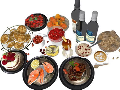 Assorted Delicious Food Platter with Cake Shrimp Steak Fruit Nuts Sauces and Wine Bottles 3d model