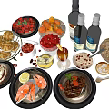 Assorted Delicious Food Platter with Cake Shrimp Steak Fruit Nuts Sauces and Wine Bottles