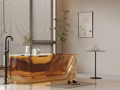Modern Bathroom Interior Design With Golden Bathtub Window Blinds Artwork And Plant 3d model