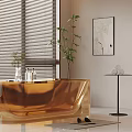 Modern Bathroom Interior Design With Golden Bathtub Window Blinds Artwork And Plant
