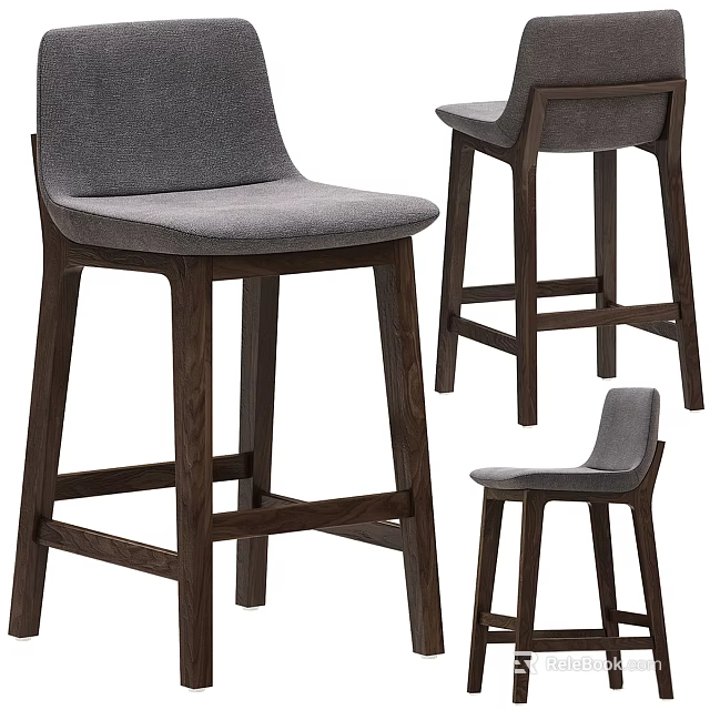 Modern Bar Stools With Gray Upholstery And Dark Wooden Frame Design 3d model 
