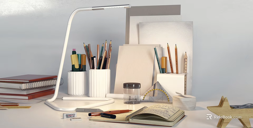 Organized Desk Stationery Setup With Lamp Pencil Holders And Writing Tools 3d model 