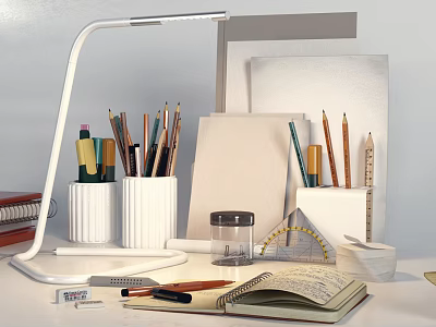 Organized Desk Stationery Setup With Lamp Pencil Holders And Writing Tools 3d model