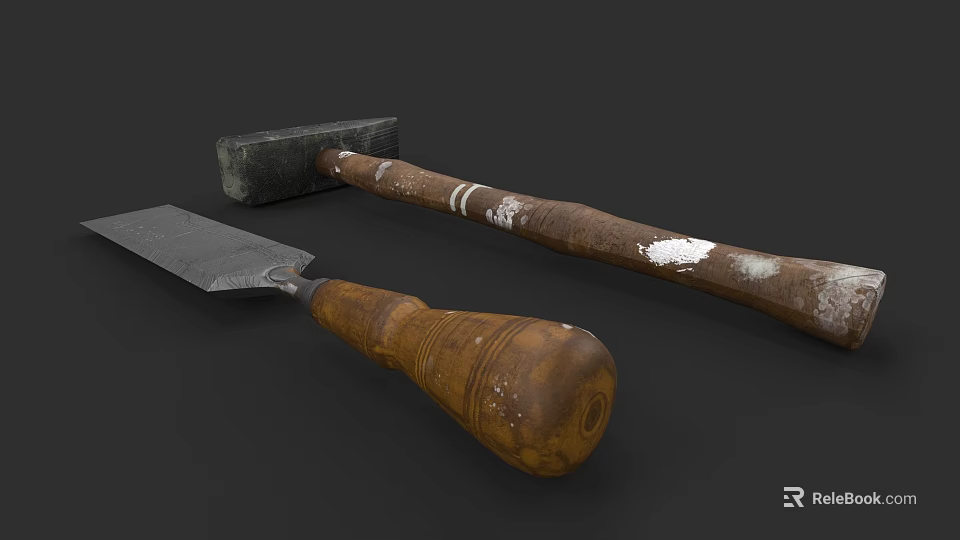 Vintage Hammer And Putty Knife With Wooden Handles And Metal Blades 3d model 