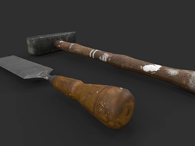 Vintage Hammer And Putty Knife With Wooden Handles And Metal Blades 3d model