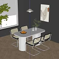 White Dining Table Set With Cylindrical Legs Metal Woven Chairs Fruit Bowl And Plant