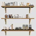 Organized Kitchen Wooden Shelves With Utensils Jars Bowls Cups Mortar And Spoon