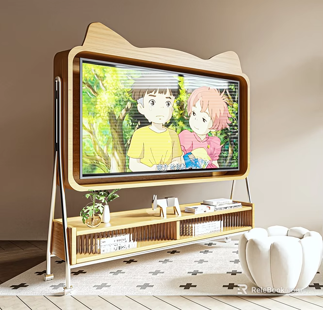 Cat Ear Wooden Frame TV Shows Anime In Cozy Living Room With Stand Plants Books 3d model 