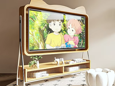 Cat Ear Wooden Frame TV Shows Anime In Cozy Living Room With Stand Plants Books 3d model