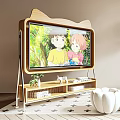 Cat Ear Wooden Frame TV Shows Anime In Cozy Living Room With Stand Plants Books