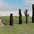 Different Shaped Tree Trunks Standing On Green Grassland With Blue Sky And White Clouds 3d model