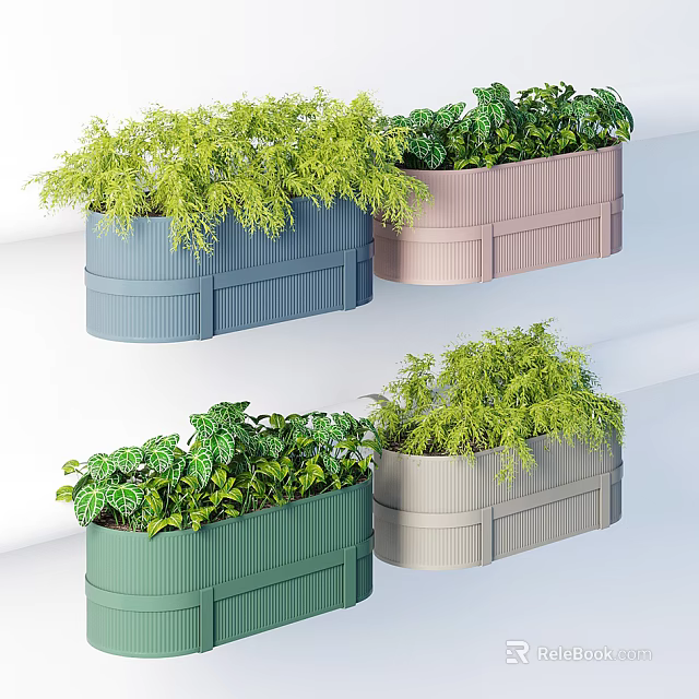 Colorful Ribbed Potted Plants in Blue Pink Green Beige Containers for Indoor Decor 3d model 