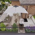 Modern Garden Landscape Design With White Building Green Plants Lawn Stone Path And Outdoor Seating
