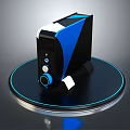 Sleek Modern PC Tower with Black Blue Geometric Accents and Circular Illuminated Base