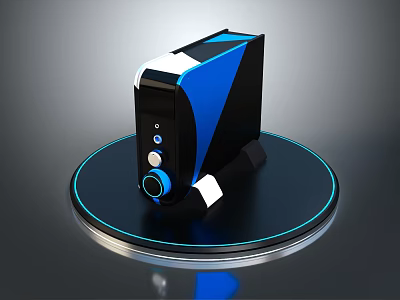 Sleek Modern PC Tower with Black Blue Geometric Accents and Circular Illuminated Base 3d model