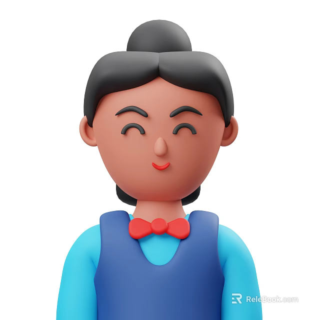 Cartoon Style Woman With Black Bun Hairstyle Blue Top And Red Bowtie Smiling Friendly Expression 3d model 