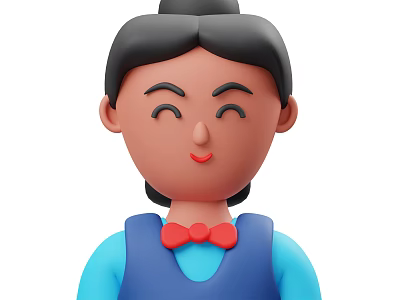 Cartoon Style Woman With Black Bun Hairstyle Blue Top And Red Bowtie Smiling Friendly Expression 3d model