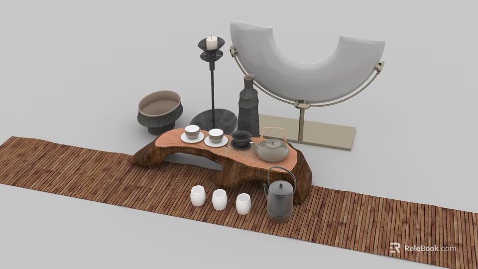 Natural Style Tea Set on Wooden Tray with Bamboo Mat White Teacups and Metal Teapot 3d model 