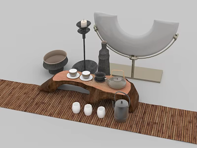 Natural Style Tea Set on Wooden Tray with Bamboo Mat White Teacups and Metal Teapot 3d model