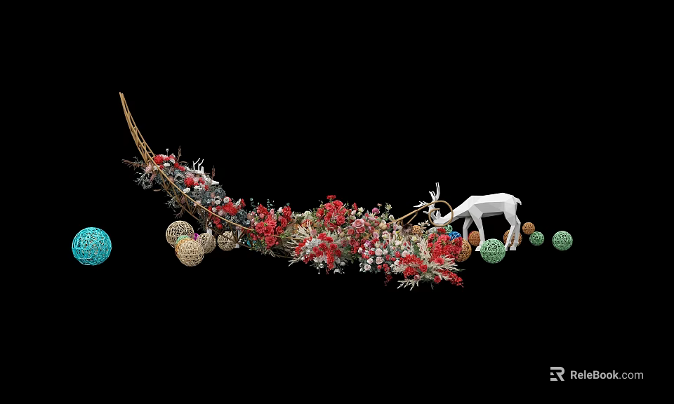 Decorative Branch Vase Arrangement With Red Flowers White Deer And Colorful Spherical Decorations 3d model 