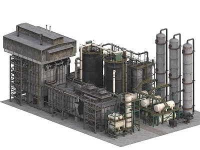 Industrial Equipment with Large Tanks Processing Towers and Piping Systems in Manufacturing Plant Facility 3d model