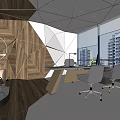 Modern Office Interior Featuring Geometric Ceiling Wooden Walls Sofa Desk Chairs And City View