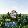 Rustic Wooden Tower Lodge Building Surrounded by Green Trees and Pathway Under Blue Sky