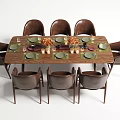 Wooden Rectangular Dining Table Set With Eight Brown Chairs And Decorative Candles Tableware 3d model