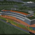 Aerial Planning of Modern Building With Green Roof Trees and Water Pool