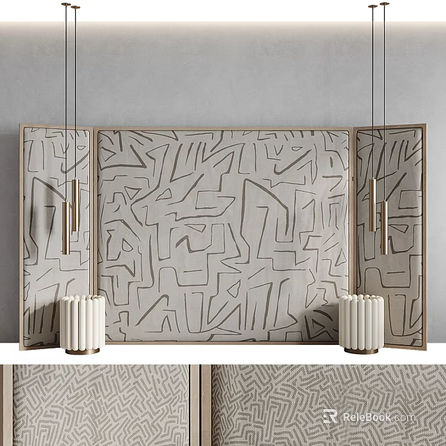 Minimalist Luxury Feature Wall With Textured Fabric Geometric Line Patterns And Metallic Pendant Lights 3d model 
