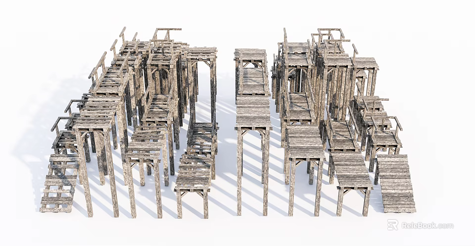 Wooden Road Facilities With Sturdy Supports And Pathway Structures For Pedestrian Use 3d model