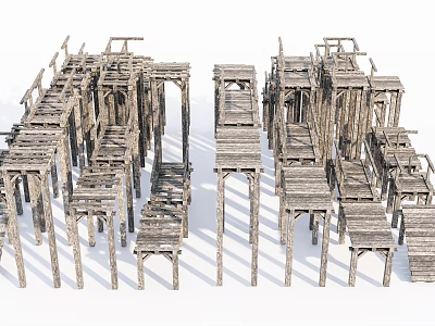 Wooden Road Facilities With Sturdy Supports And Pathway Structures For Pedestrian Use 3d model