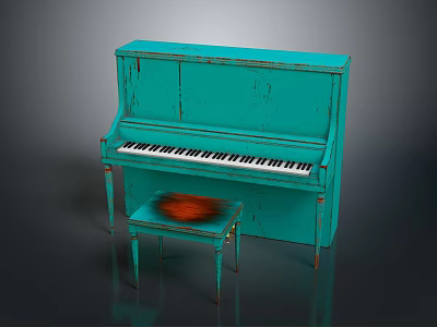 Classic Vintage Turquoise Piano With Matching Stool And Red Cushion Detail 3d model