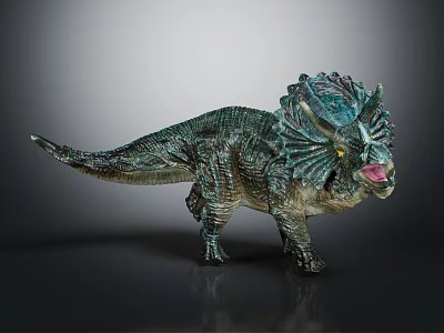 Green Triceratops Dinosaur Model With Textured Skin Open Mouth And Yellow Eyes 3d model