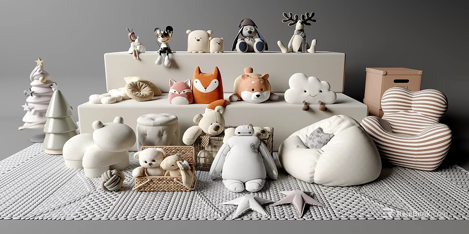 Adorable Stuffed Animal Plush Toys Arranged on Steps with Soft Cushions and Woven Basket 3d model 