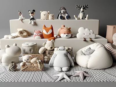 Adorable Stuffed Animal Plush Toys Arranged on Steps with Soft Cushions and Woven Basket 3d model