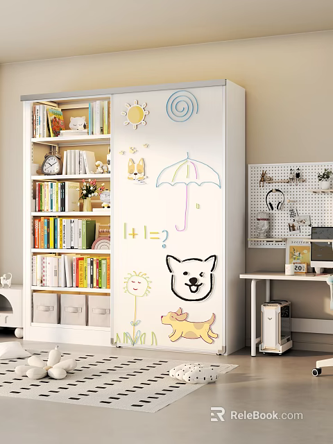 Modern Cute Kids Bookshelf With Fun Magnetic Drawing Board And Large Book Storage Space 3d model 