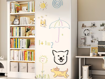 Modern Cute Kids Bookshelf With Fun Magnetic Drawing Board And Large Book Storage Space 3d model