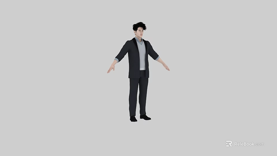 Man In Black Suit Jacket Gray Shirt With Arms Outstretched On Gray Background 3d model 