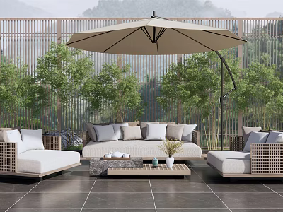 Modern Outdoor Sofa Set with Umbrella Green Plants and Coffee Table on Patio 3d model