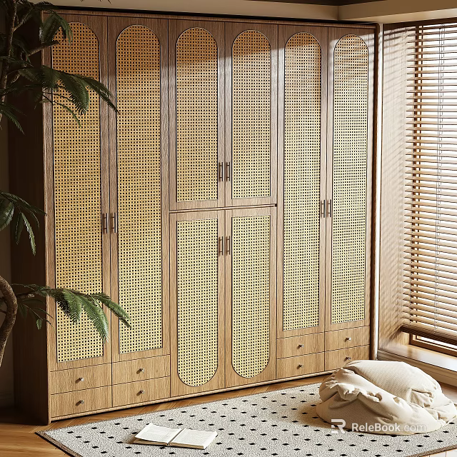 Modern Wooden Wardrobe with Louvered Doors and Drawers in Natural Light Room 3d model 
