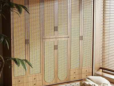 Modern Wooden Wardrobe with Louvered Doors and Drawers in Natural Light Room 3d model