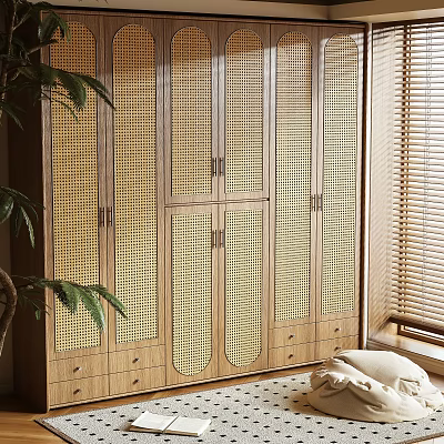 Modern Wooden Wardrobe with Louvered Doors and Drawers in Natural Light Room 3d model