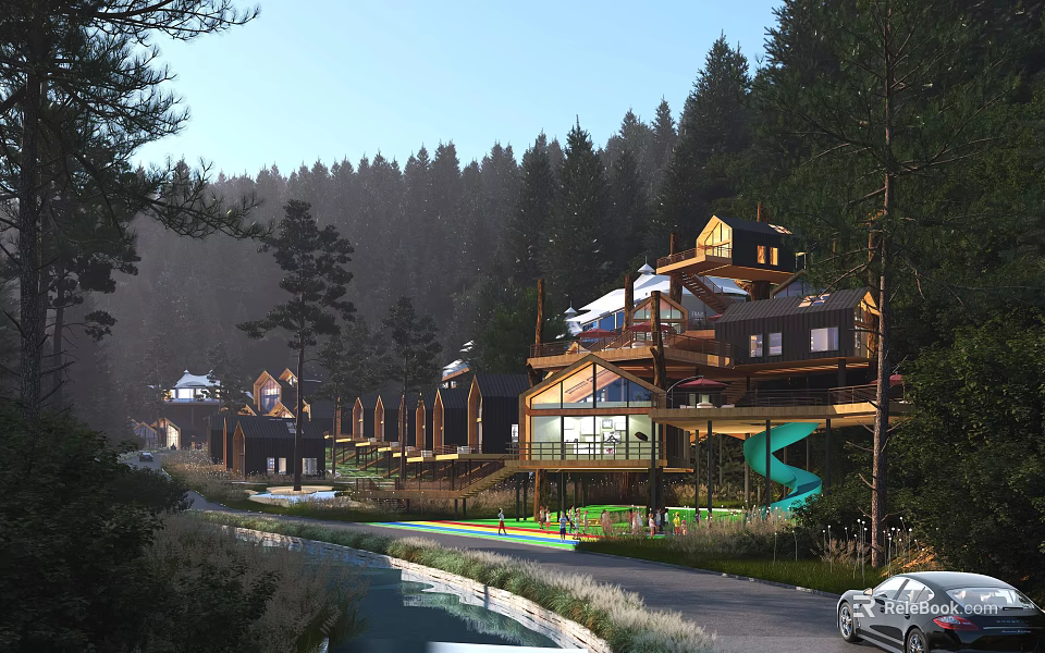 Scenic Wooden Guesthouse Buildings In Forest With Slide Stream And Road 3d model 